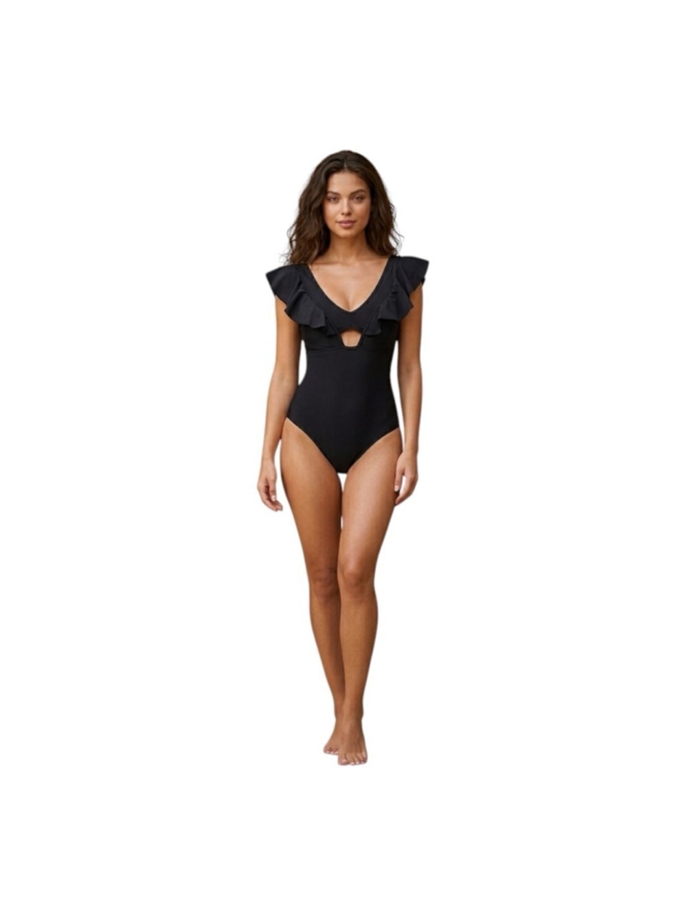 B2PRITY Black Ruffle One Piece Swimsuit XS Cutout V Neck Tummy Control NWT